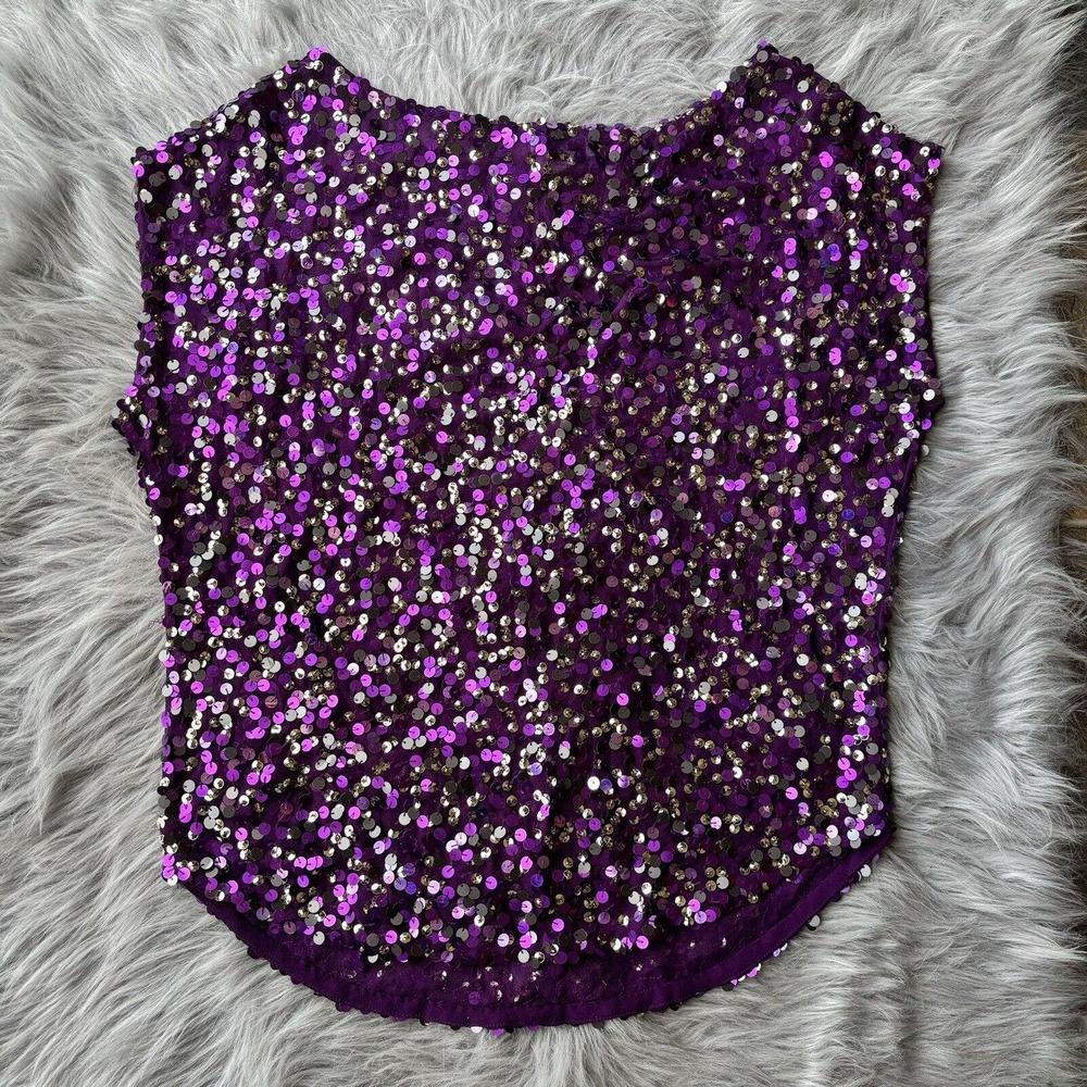 Ludi Tank Top Sz S Cap Sleeve Purple Sequins Shiny Party Dance Glitzy Colorful - Picture 5 of 8
